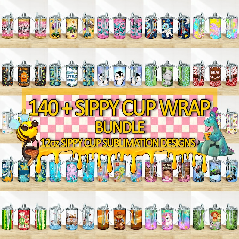 May include: A collection of 140+ colorful 12oz sippy cup sublimation designs. The designs feature a variety of themes, including animals, food, and holidays.  The designs are perfect for creating personalized sippy cups for children.