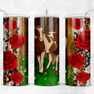 Horse with flowers cowhide leopard 20 oz skinny tumbler png, Horse tumbler wrap png, roses 20 oz tumbler designs, tumbler png download