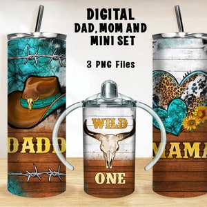 Western family tumbler PNG, 20 oz skinny tumbler and 12oz sippy cup wrap png, mama dad and mini tumbler set png sublimation download