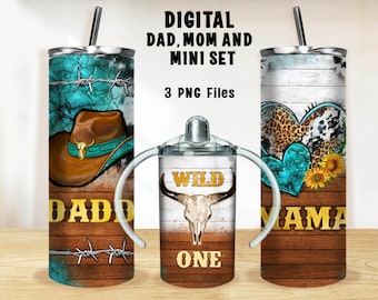 Western family tumbler PNG, 20 oz skinny tumbler and 12oz sippy cup wrap png, mama dad and mini tumbler set png sublimation download