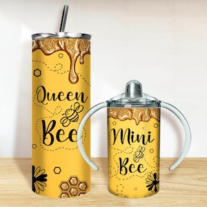 Queen and mini bee Tumbler PNG, 20oz Skinny Tumbler and 12oz Sippy Cup Wrap Png, Queen and mini tumbler set png sublimation design download
