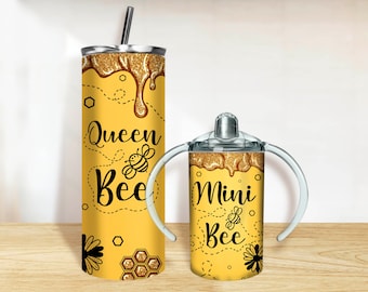 Queen and mini bee Tumbler PNG, 20oz Skinny Tumbler and 12oz Sippy Cup Wrap Png, Queen and mini tumbler set png sublimation design download