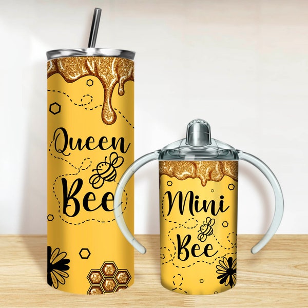 Queen and mini bee Tumbler PNG, 20oz Skinny Tumbler and 12oz Sippy Cup Wrap Png, Queen and mini tumbler set png sublimation design download