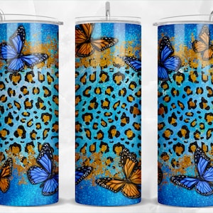 Leopard butterfly blue glitter 20oz skinny tumbler png sublimation design download, western tumbler png, sublimate designs download