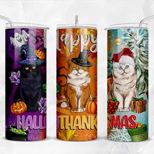 Hallothanksmas cats 20 oz skinny tumbler png, Christmas tumbler wrap png, 20 oz tumbler designs, Thanksgiving png, Halloween png download