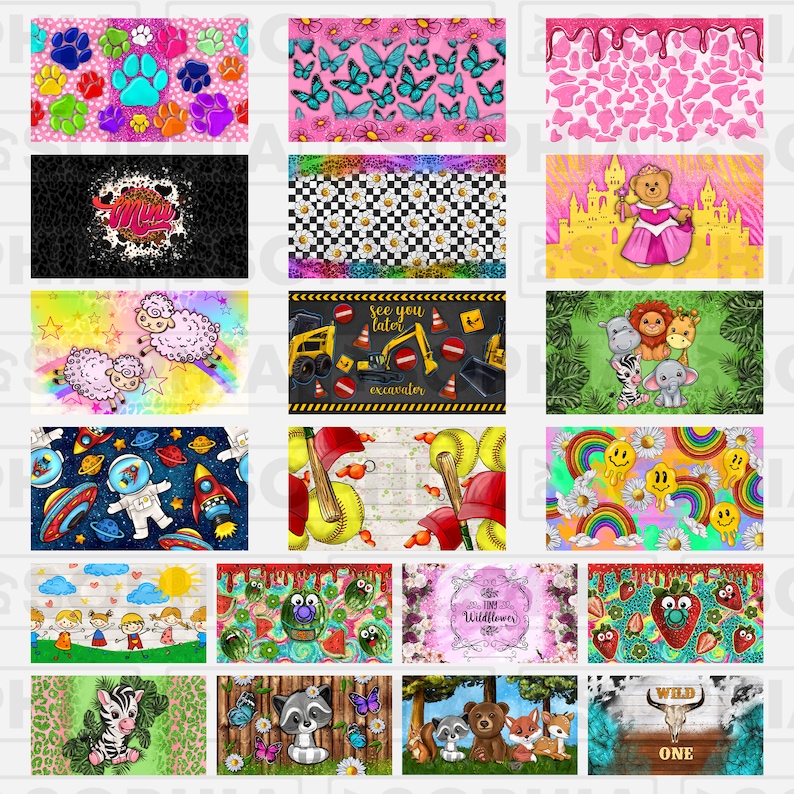 May include: A set of 16 digital designs featuring various themes, including animals, nature, and abstract patterns. The designs are colorful and whimsical, perfect for creating unique crafts and projects.