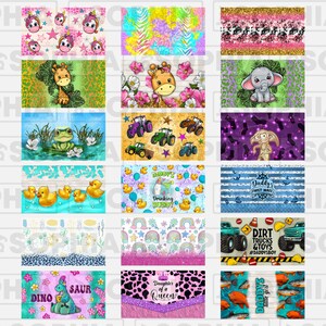 May include: A set of 12 digital designs featuring various themes, including unicorns, giraffes, elephants, frogs, tractors, a Dobby the house-elf, rubber duckies, rainbows, monster trucks, dinosaurs, and a mermaid. The designs are perfect for creating custom tumblers, mugs, or other crafts.