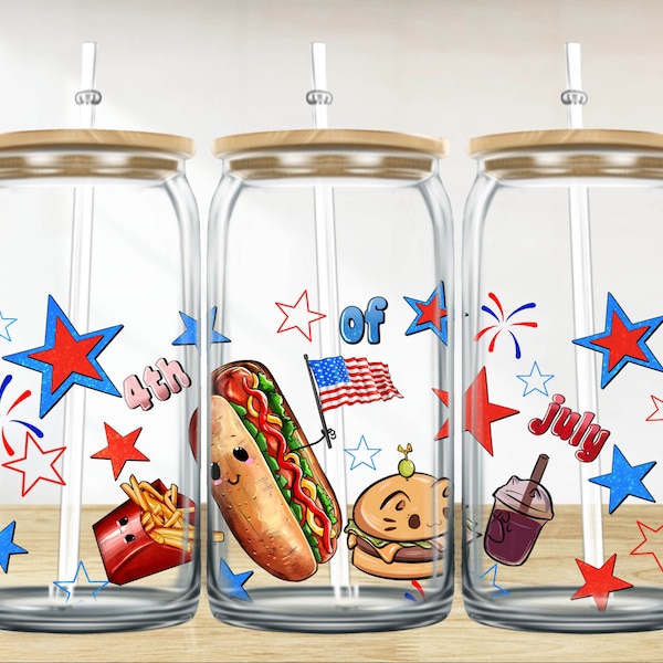 Cute Kawaii fast food 4th of July 16 oz libbey glass wrap png, libbey wrap png, libbey glass png,libbey cup sublimation png design downloads