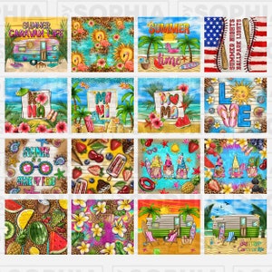 K&ouml;nnte beinhalten: Eine digitale Collage aus 12 sommerlichen Bildern. Die Bilder zeigen verschiedene Designs, darunter ein Wohnmobil, Palmen, Flamingos, Gnome, Wassermelonen, Ananas und Muscheln. Die Bilder sind alle vor einem hellen, farbenfrohen Hintergrund platziert.