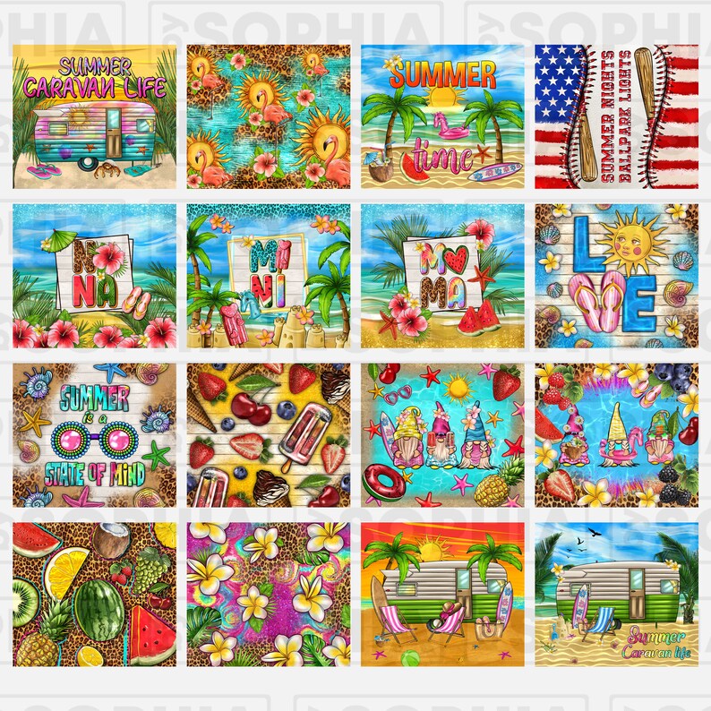 K&ouml;nnte beinhalten: Eine digitale Collage aus 12 sommerlichen Bildern. Die Bilder zeigen verschiedene Designs, darunter ein Wohnmobil, Palmen, Flamingos, Gnome, Wassermelonen, Ananas und Muscheln. Die Bilder sind alle vor einem hellen, farbenfrohen Hintergrund platziert.