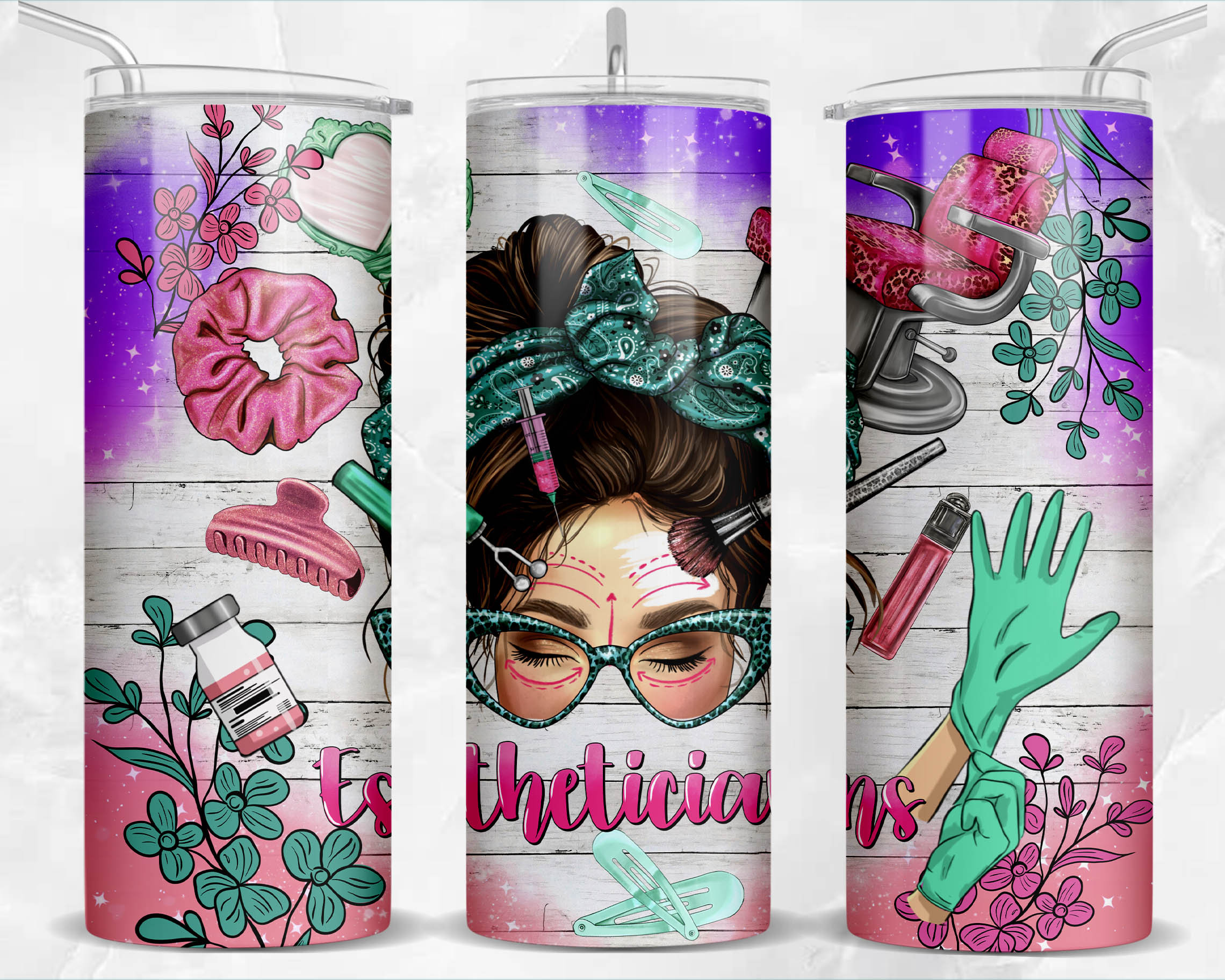 Esthetician with messy bun pink glitter 20 oz skinny tumbler png sublimation design download,tumbler wrap png,20 oz tumbler designs,download