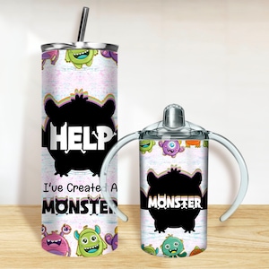 Monster sippy cup and tumbler PNG, 20oz Skinny Tumbler and 12oz Sippy Cup Wrap Png, monster tumbler set png sublimation design download