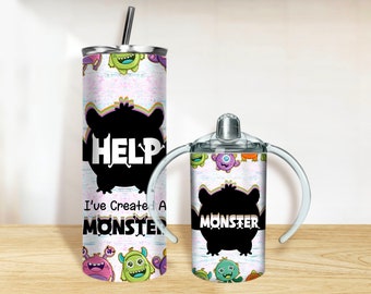 Monster sippy cup and tumbler PNG, 20oz Skinny Tumbler and 12oz Sippy Cup Wrap Png, monster tumbler set png sublimation design download