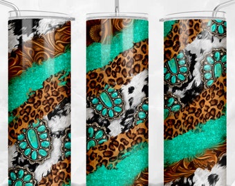Paillettes turquoises en cuir de vachette léopard avec pierres précieuses Gobelet skinny 20 oz png, gobelet western png, motifs de gobelets 20 oz, téléchargement png