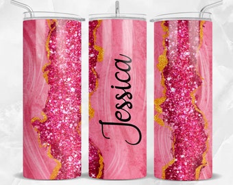 Customize pink agate gold marble glitter 20oz skinny tumbler png sublimation design download, custom name tumbler png, sublimate download