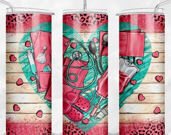 Nurse and leopard 20 oz skinny tumbler png sublimation design download, Nurse tumbler wrap png, Nursing 20 oz tumbler designs, png download
