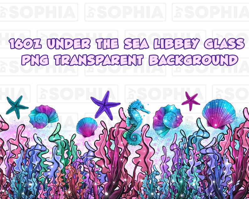Op de afbeelding: Zee-thema digitale clipart met een zeepaardje, een ster, schelpen en zeewier in tinten roze, blauw en groen. De afbeelding heeft een transparante achtergrond.
