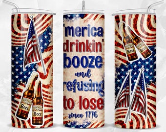 America drinking booze with flag 20 oz skinny tumbler png sublimation design download, USA tumbler wrap png, 20 oz tumbler designs, download
