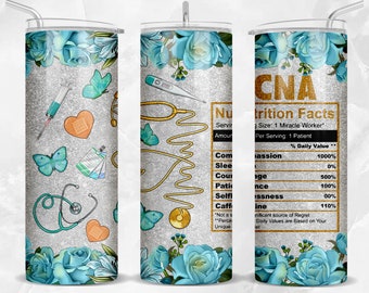 CNA nutrition facts with flowers 20oz skinny tumbler png sublimation design download, Nurse tumbler png, CNA tumbler png, sublimate download