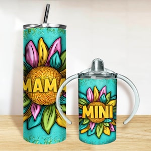 Sunflowers Mama and Mini Tumbler PNG, 20oz Skinny Tumbler and 12oz Sippy Cup Wrap Png,Mama Mini tumbler set png sublimation design download