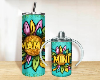 Sunflowers Mama and Mini Tumbler PNG, 20oz Skinny Tumbler and 12oz Sippy Cup Wrap Png,Mama Mini tumbler set png sublimation design download