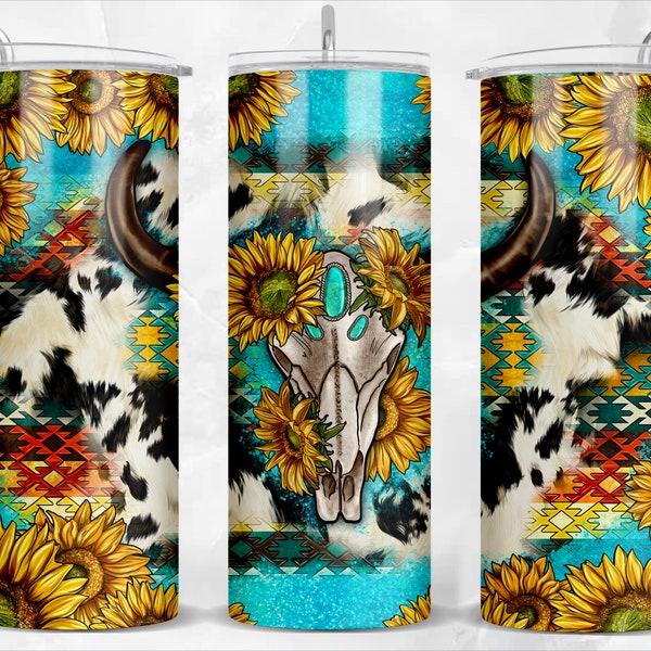 Aztec boho skull 20oz skinny tumbler png sublimation design download, sunflowers tumbler png, bull skull png, sublimate designs download