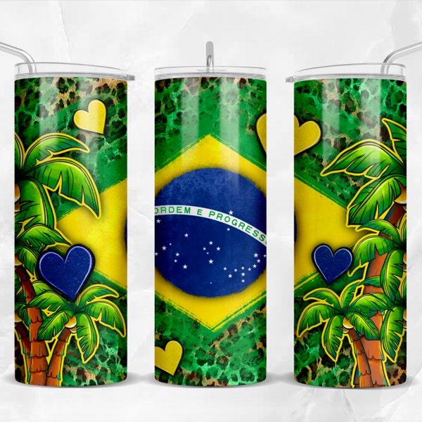 Brésil 20 oz skinny tumbler png sublimation design téléchargement, drapeau du Brésil png, léopard tumbler wrap png, 20 oz tumbler designs, télécharger