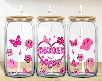 Retro choose happy smiley face 16 oz libbey glass wrap png, libbey wrap png, libbey glass png, libbey cup png design downloads