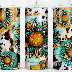 Sunflower and cowhide 20oz skinny tumbler png, western tumbler png, sunflowers png, western patterns png, sublimate designs download