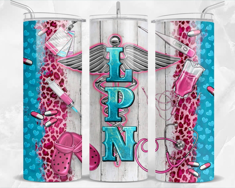May include: A white tumbler with a blue and pink leopard print design. The tumbler features a medical caduceus symbol with the letters LPN in blue and white. Other medical symbols include a stethoscope, a syringe, a thermometer, and a pill bottle.
