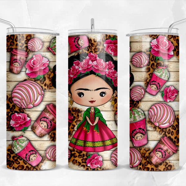 Mexican girl with coffee and concha pan 20oz skinny tumbler png, Mexican tumbler png, coffee tumbler png, sublimate designs download