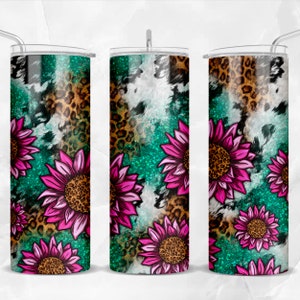 Leopard cowhide with pink sunflowers 20 oz skinny tumbler png, sunflower tumbler wrap png, 20 oz tumbler designs, tumbler png download
