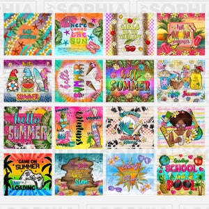 K&ouml;nnte beinhalten: Ein Set mit 12 digitalen Designs zum Thema Sommer. Die Designs beinhalten S&auml;tze wie "Hello Summer", "Game On Summer", "Girls Just Wanna Have Sun" und "Goodbye School Hello Pool". Die Designs sind farbenfroh und zeigen eine Vielzahl von sommerlichen Elementen wie Palmen, Sonnenbrillen und Eis am Stiel.