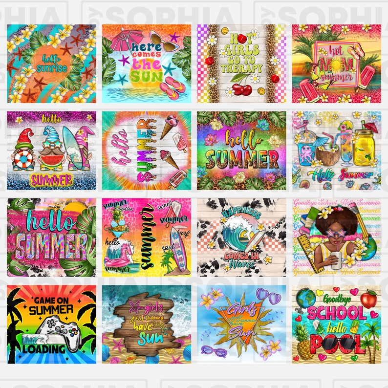 K&ouml;nnte beinhalten: Ein Set mit 12 digitalen Designs zum Thema Sommer. Die Designs beinhalten S&auml;tze wie "Hello Summer", "Game On Summer", "Girls Just Wanna Have Sun" und "Goodbye School Hello Pool". Die Designs sind farbenfroh und zeigen eine Vielzahl von sommerlichen Elementen wie Palmen, Sonnenbrillen und Eis am Stiel.