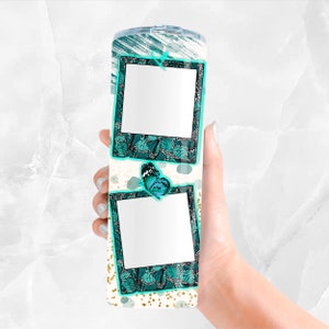 May include: A white tumbler with a teal and black butterfly design. The tumbler has two blank photo frames with teal borders. The tumbler is decorated with gold glitter.