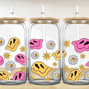 Retro smiley face and daisy 16 oz libbey glass wrap png, libbey wrap png, libbey glass png, sublimation png design downloads