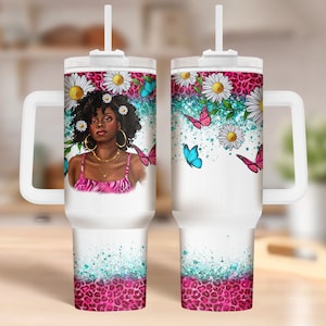 Afro girl with daisy 40 oz Quencher tumbler png, tumbler wrap png, afro girl tumbler png, 40 oz tumbler designs, tumbler png download
