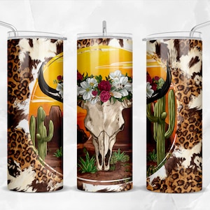 Western bull skull with leopard 20 oz skinny tumbler png, bull skull tumbler wrap png, leopard 20 oz tumbler designs, tumbler png download