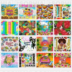 K&ouml;nnte beinhalten: Eine digitale Collage aus 12 sommerlichen Designs. Die Designs zeigen leuchtende Farben, tropische Bilder und Text, der "Summer Vibes", "Summer" und "Sun Kissed" sagt.