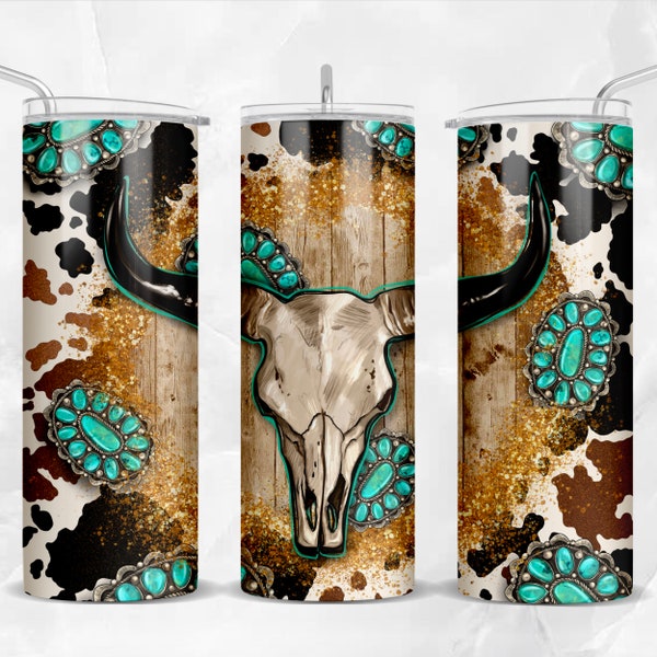 Western bull skull with cowhide and gemstone 20 oz skinny tumbler png, bull skull tumbler wrap png, 20 oz tumbler designs, png download