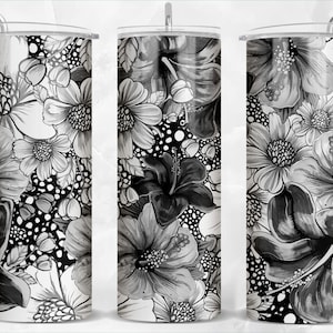 Schwarz weiße 20 Unzen dünne Becher png Sublimation Design Download, Blumen Tumbler Wrap png, Blumen 20 Unzen Becherdesigns, Download