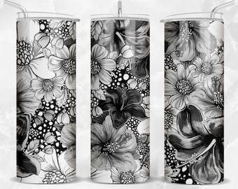 Black and white 20oz skinny tumbler png sublimation design download, floral tumbler wrap png, flowers 20 oz tumbler designs, download
