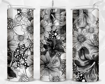Blanco y negro 20oz vaso flaco png descarga de diseño de sublimación, envoltura de vaso floral png, flores diseños de vaso de 20 oz, descargar
