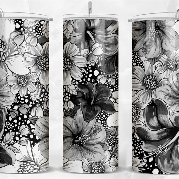 Noir et blanc 20 oz skinny tumbler png sublimation design téléchargement, floral tumbler wrap png, fleurs 20 oz tumbler designs, télécharger