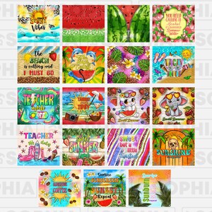 K&ouml;nnte beinhalten: Eine Sammlung von 16 farbenfrohen digitalen Designs mit Sommermotiven. Die Designs beinhalten S&auml;tze wie "Summer Vibes", "The Beach is Calling", "Teacher Mode Off", "Sweet Summer", "Sweet but a Little Twisted", "Sunshine on My Mind", "Sunrise Sunscreen Sunset Repeat" und "Sunrise Sunburn Repeat". Die Designs zeigen auch Bilder von Wassermelonen, Palmen, Eiscreme und anderen sommerlichen Motiven.