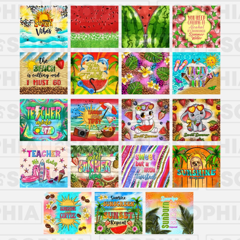 K&ouml;nnte beinhalten: Eine Sammlung von 16 farbenfrohen digitalen Designs mit Sommermotiven. Die Designs beinhalten S&auml;tze wie "Summer Vibes", "The Beach is Calling", "Teacher Mode Off", "Sweet Summer", "Sweet but a Little Twisted", "Sunshine on My Mind", "Sunrise Sunscreen Sunset Repeat" und "Sunrise Sunburn Repeat". Die Designs zeigen auch Bilder von Wassermelonen, Palmen, Eiscreme und anderen sommerlichen Motiven.