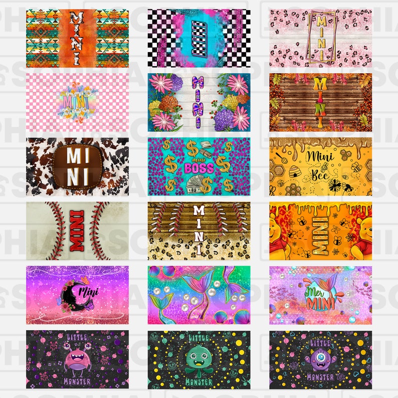 May include: A collection of 15 different designs for sublimation prints. Each design features a colorful background with the word "Mini" in various fonts and styles. The designs include a variety of themes, such as animals, flowers, and geometric patterns.