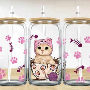 Cute cat in coffee 16 oz libbey glass wrap png, animal libbey wrap png, libbey glass png, libbey cup sublimation png design downloads