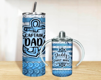 Captain Dad and Mini Tumbler PNG, 20oz Skinny Tumbler and 12oz Sippy Cup Wrap Png, Dad and Mini tumbler set png sublimation download