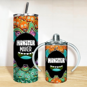 Monster maker sippy cup and tumbler PNG, 20oz Skinny Tumbler and 12oz Sippy Cup Wrap Png,monster tumbler set png sublimation design download